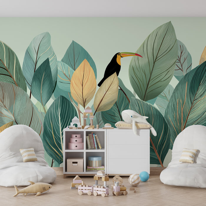Papel de parede criança | Folhas tropicais e tucano