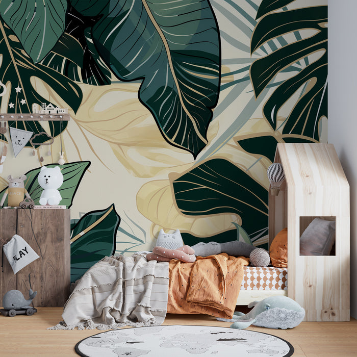 Kids room wallpaper | Lopsided tropical leaves