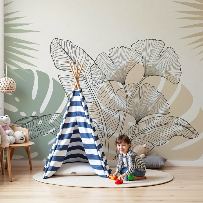 Lastenhuoneen tapetti | Minimalistiset trooppiset lehdet beige ja salvianvihreä