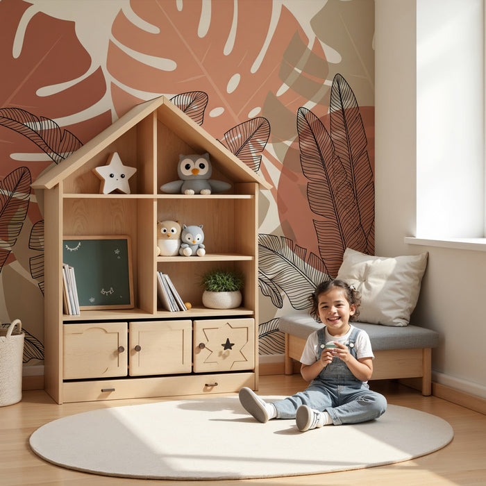 Papel pintado infantil | Hojas tropicales de monstera y bananos