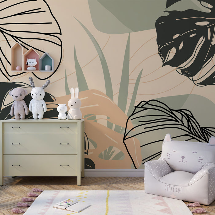 Kids room wallpaper | Stylized tropical leaves