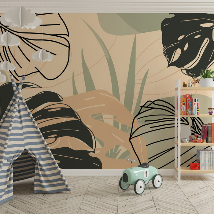 Kids room wallpaper | Stylized tropical leaves