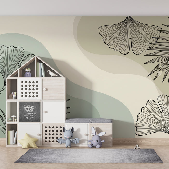 Papel de parede criança | Folhas tropicais verde sálvia e caqui