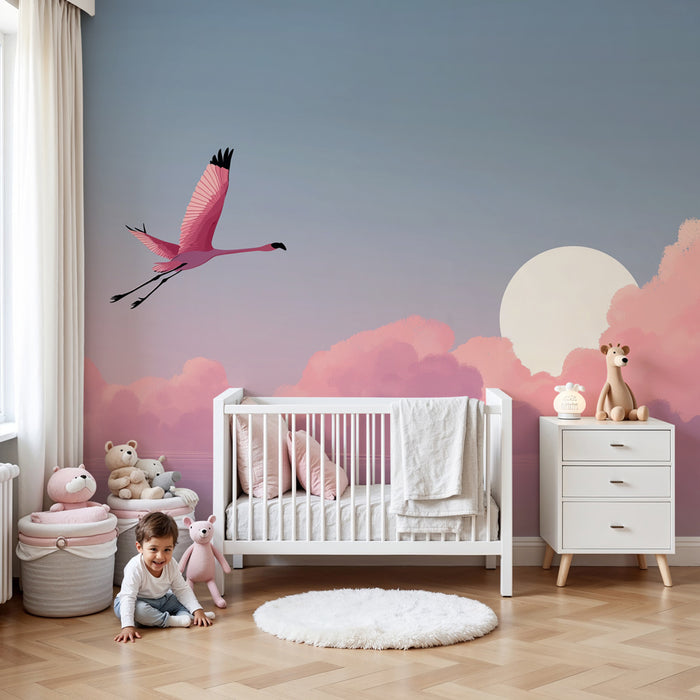 Kinderkamer behang | Roze flamingo en pastelblauwe lucht