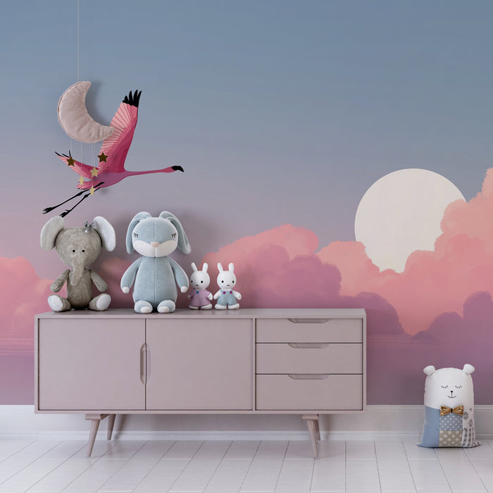 Kinderkamer behang | Roze flamingo en pastelblauwe lucht