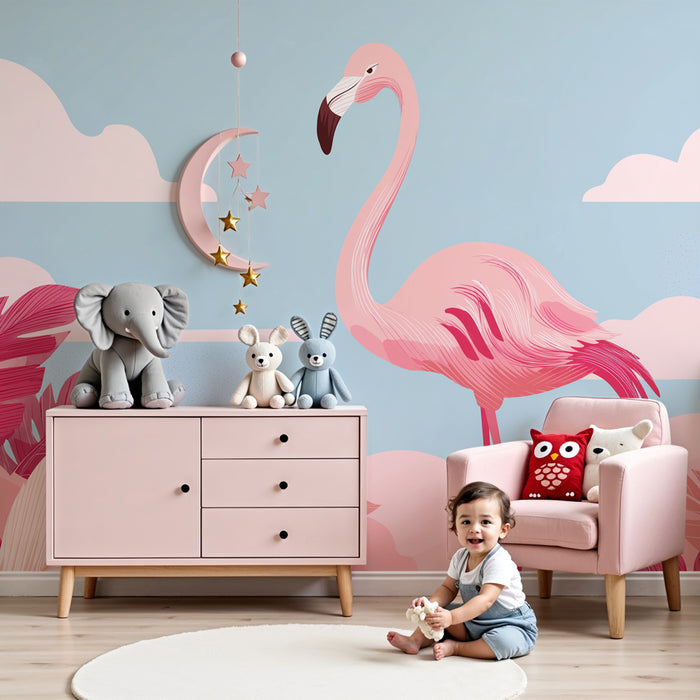 Papel pintado infantil | Flamenco rosa y follaje tropical