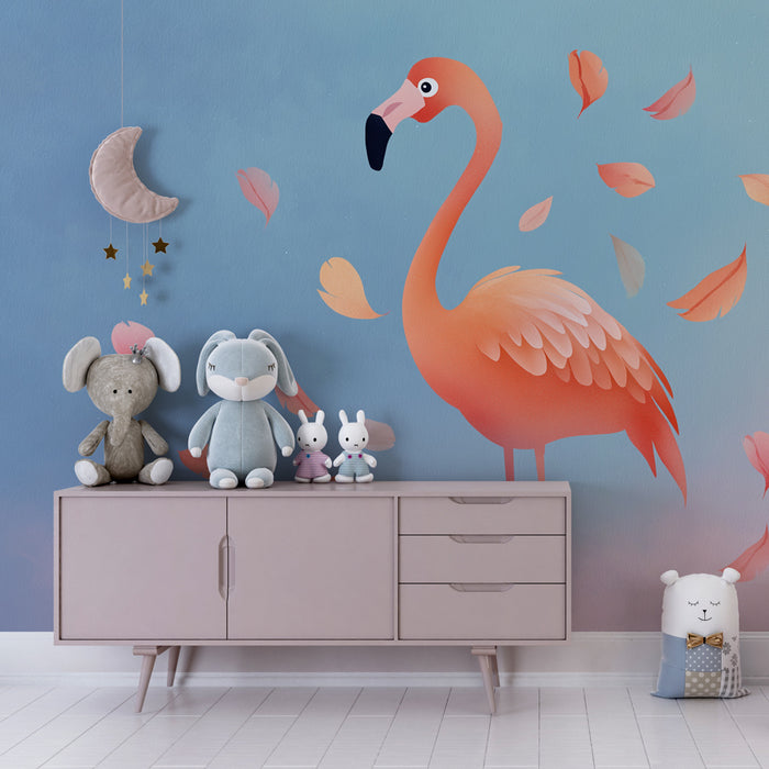 Papier peint chambre enfant | Flamant rose et feuilles d'automne