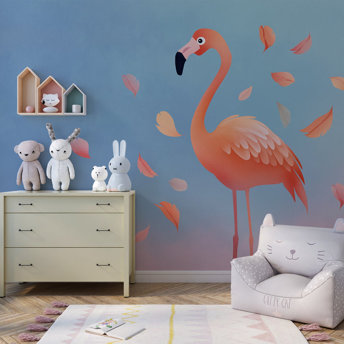 Papier peint chambre enfant | Flamant rose et feuilles d'automne