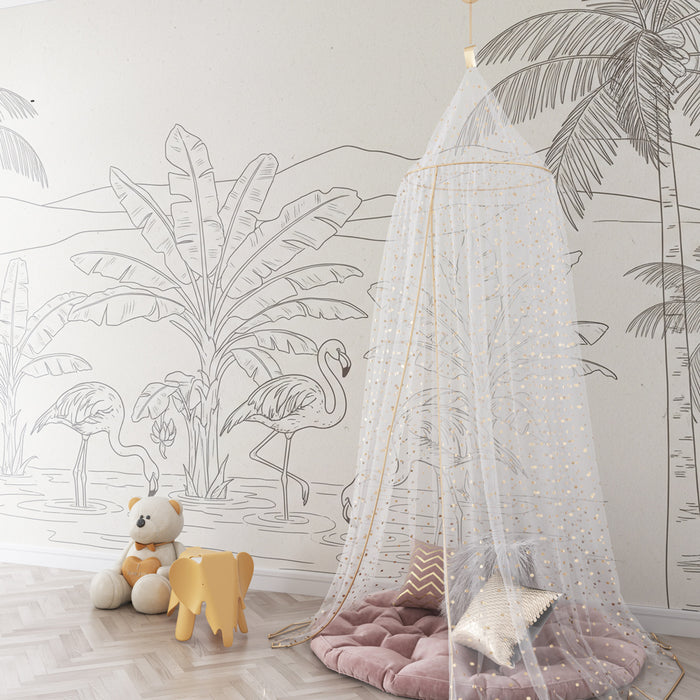 Kinderzimmer Tapete | Flamingos und Palmen in einem tropischen Dekor