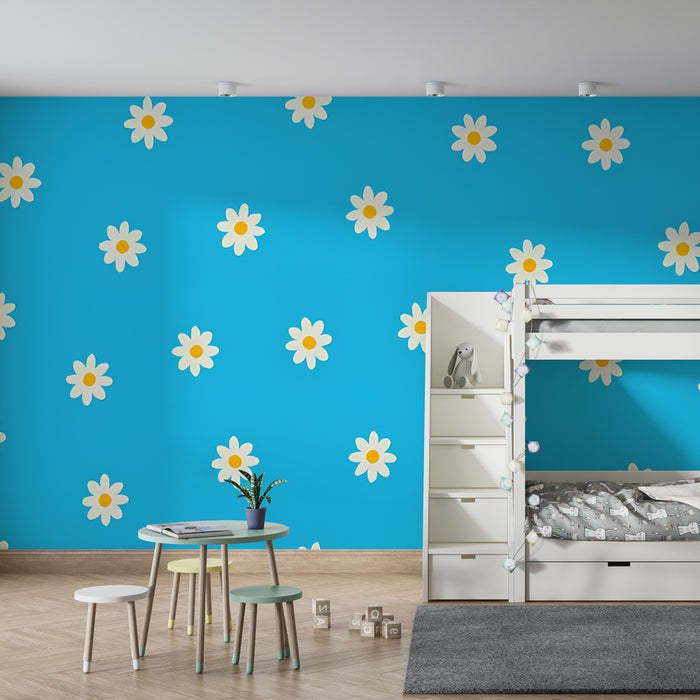 Papel de parede criança | Flores brancas em fundo azul