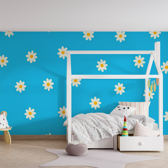 Papel de parede criança | Flores brancas em fundo azul