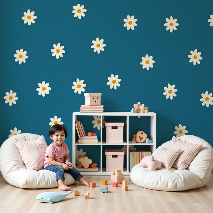 Kinderkamer behang | Witte bloemen op een donkerblauwe achtergrond