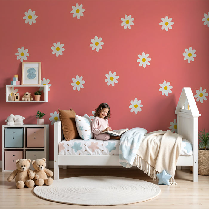 Kids room wallpaper | White flowers on coral background