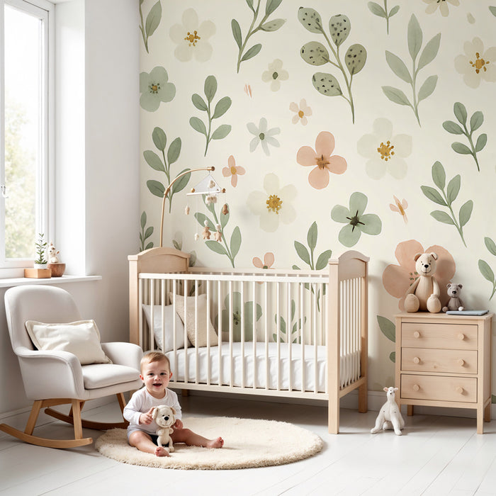 Kids room wallpaper | Delicate flowers and soft foliage