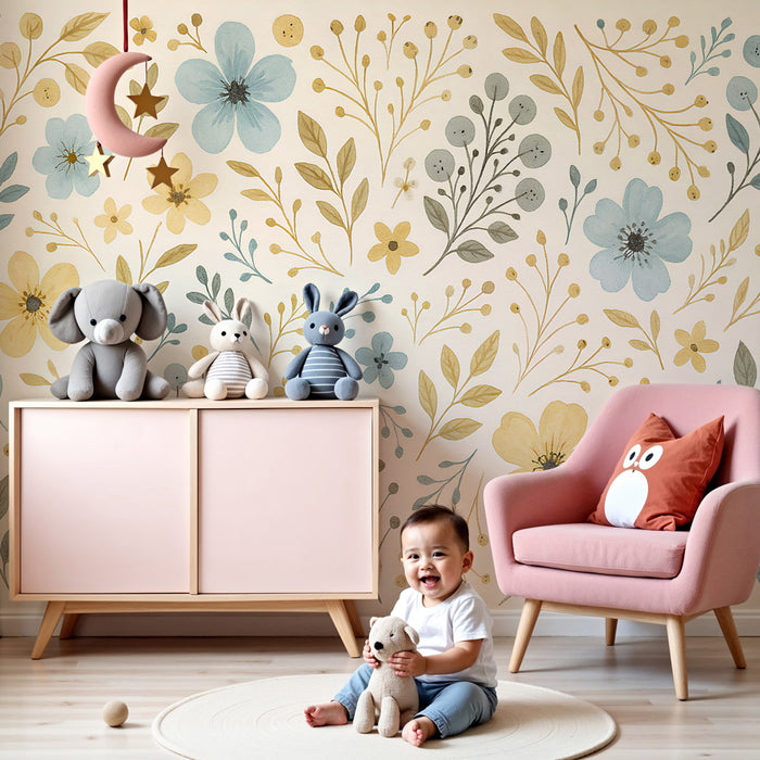 Carta da parati bambini | Fiori delicati e fogliame pastello