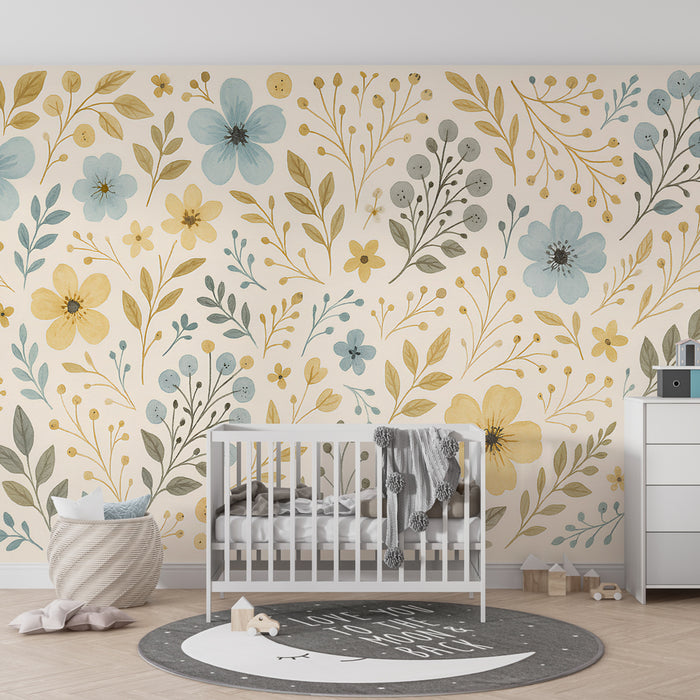Kids room wallpaper | Delicate flowers and pastel foliage