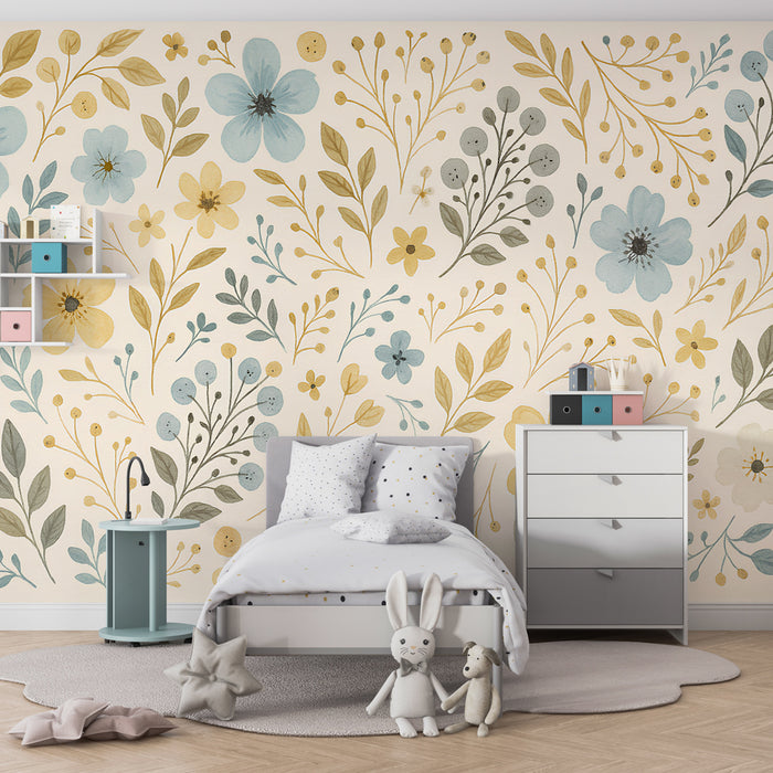 Kids room wallpaper | Delicate flowers and pastel foliage
