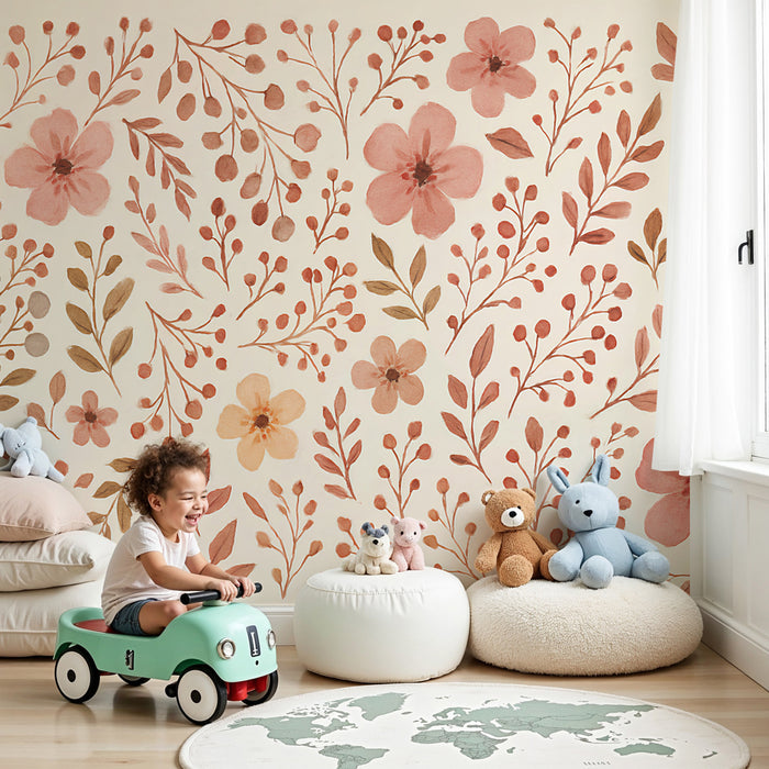 Papier peint chambre enfant | Fleurs délicates et feuillages doux