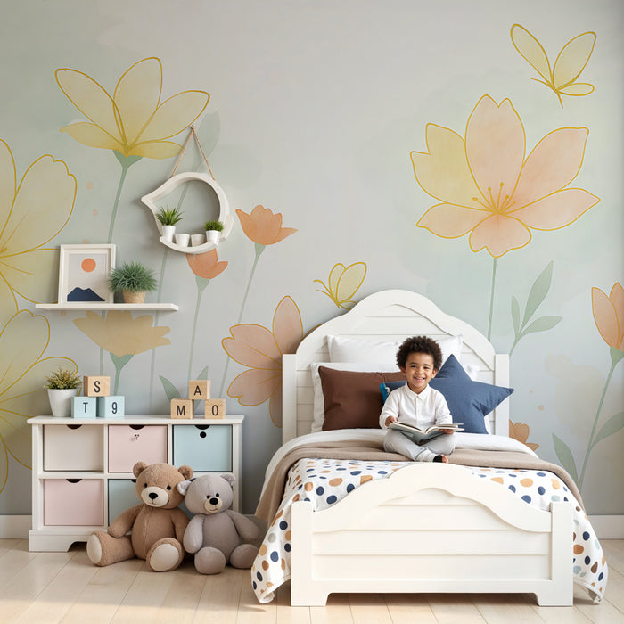 Papel de parede criança | Delicadas flores pastel e borboletas