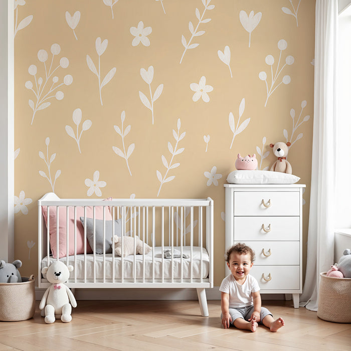 Kids room wallpaper | Delicate flowers on a beige background