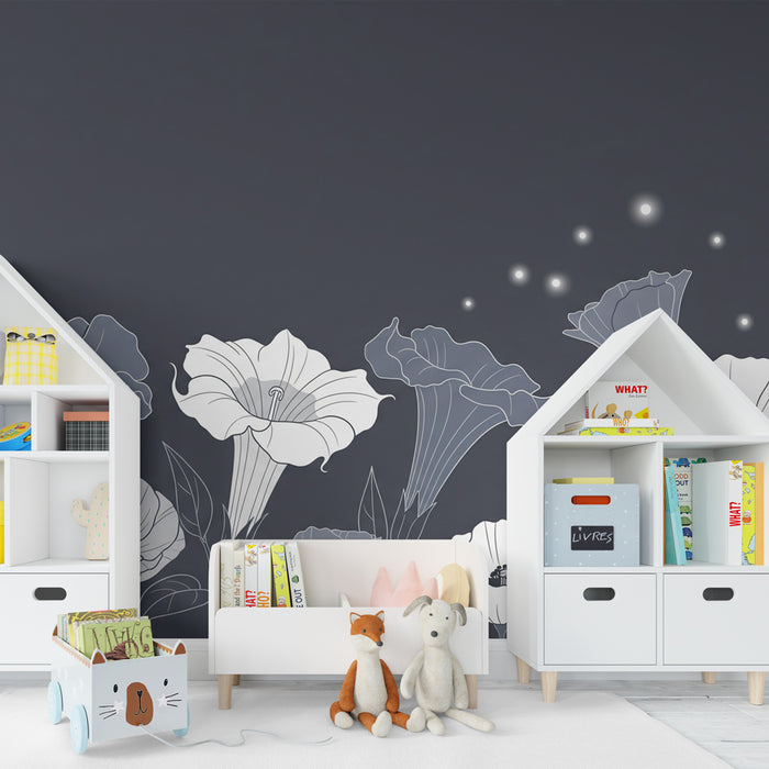 Papier peint chambre enfant | Fleurs délicates sur fond nuit