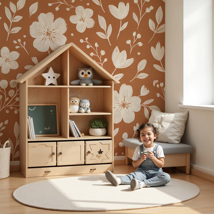Papel de parede criança | Flores delicadas em fundo terracota