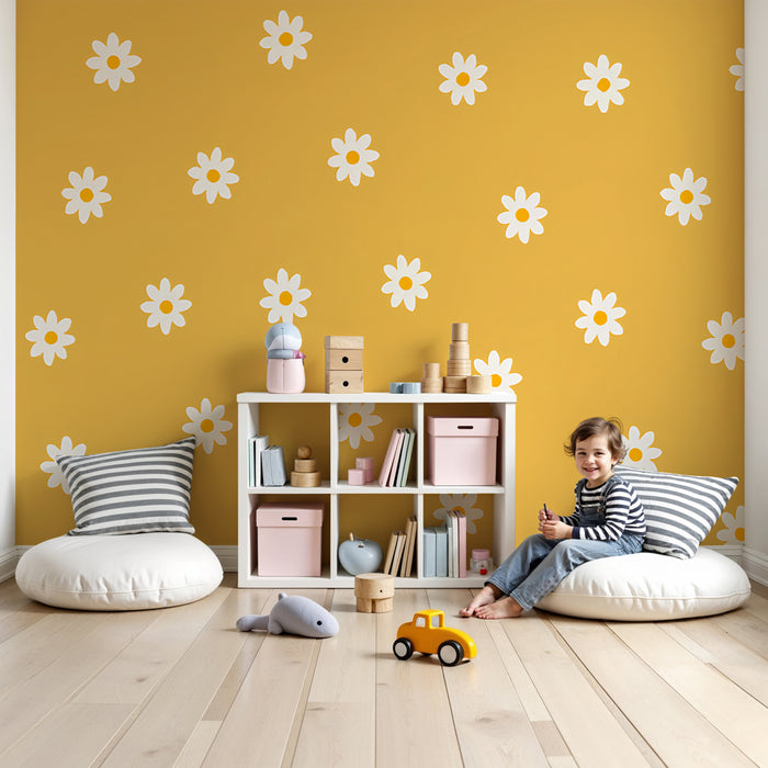Papier peint chambre enfant | Fleurs des champs sur fond jaune
