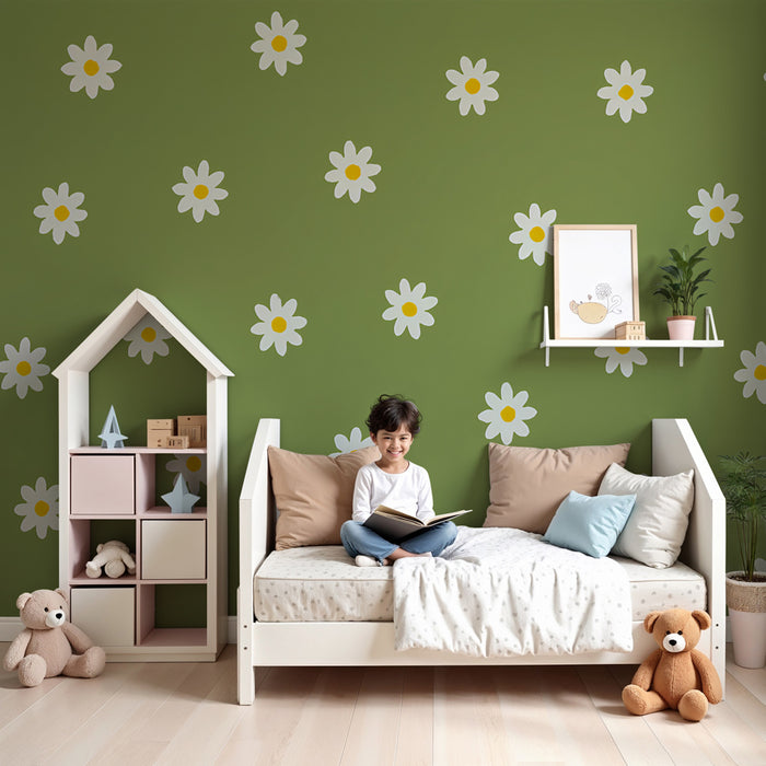 Kinderzimmer Tapete | Feldblumen auf grünem Hintergrund