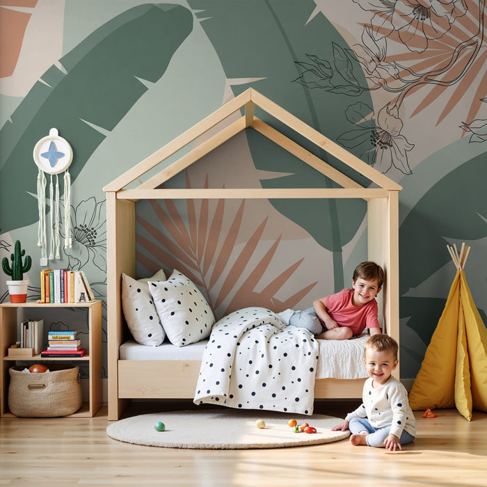 Papier peint chambre enfant | Fleurs exotiques et feuillages modernes
