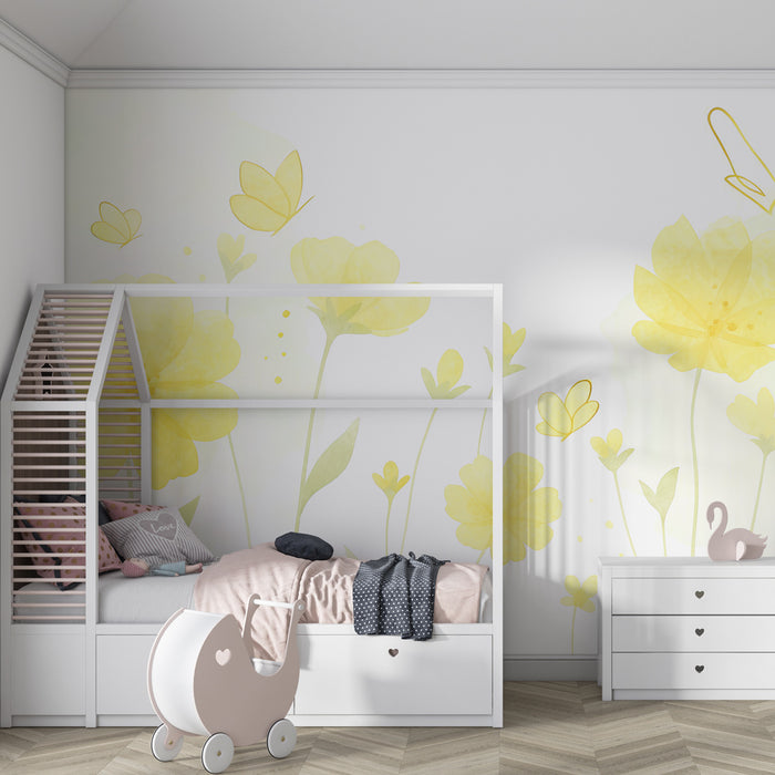 Kinderzimmer Tapete | Gelbe Blumen und zarte Schmetterlinge