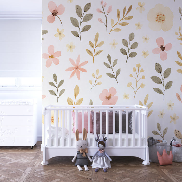 Kinderzimmer Tapete | Pastellblumen und zarte Blätter