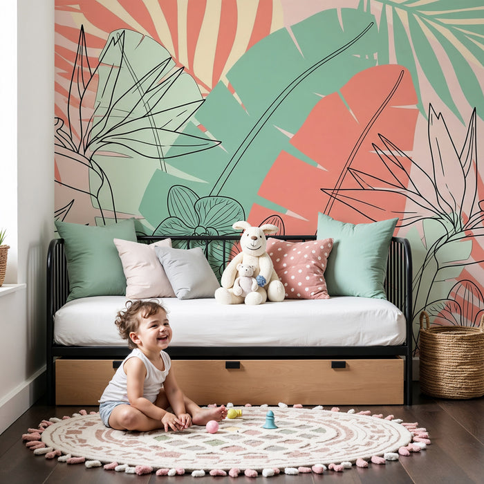 Papier peint chambre enfant | Fleurs tropicales et motifs linéaires
