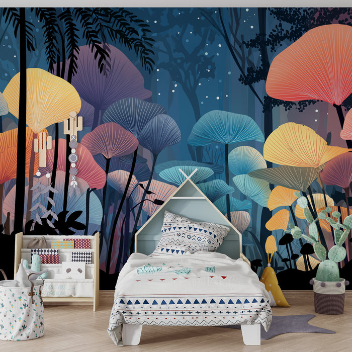 Papier peint chambre enfant | Forêt enchantée aux champignons multicolores