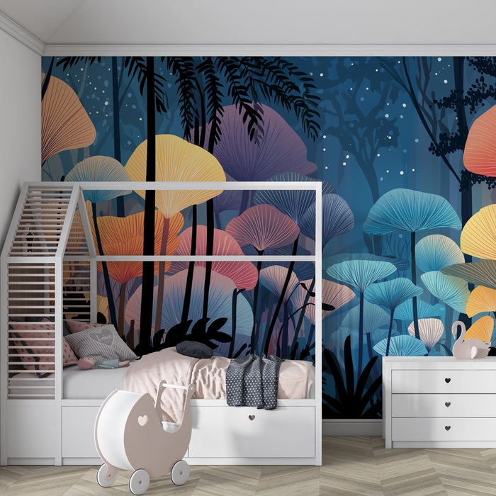 Papier peint chambre enfant | Forêt enchantée aux champignons multicolores