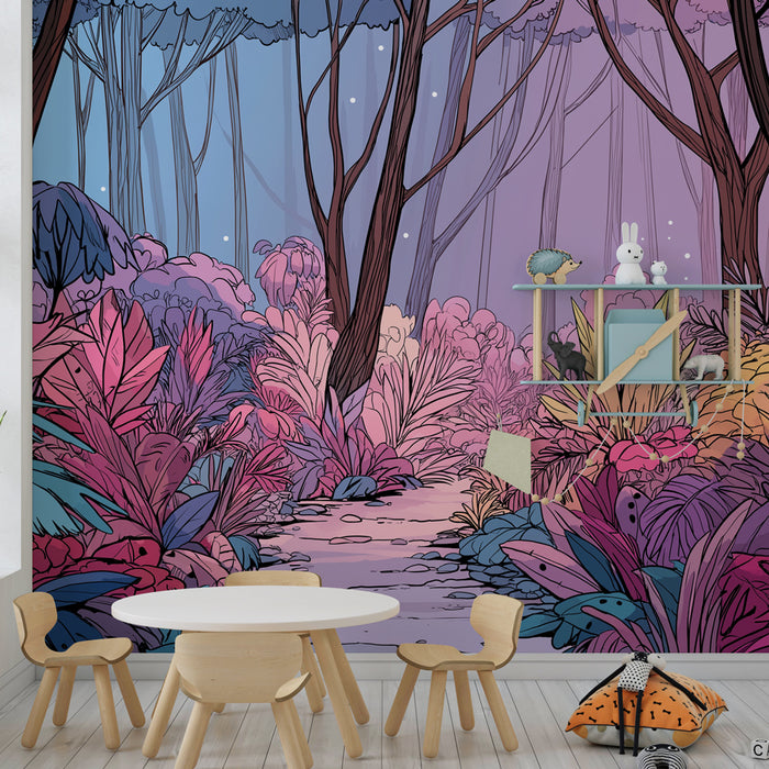 Papel de parede criança | Floresta encantada em cores vibrantes