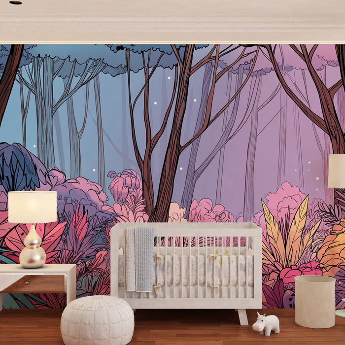 Papel de parede criança | Floresta encantada em cores vibrantes
