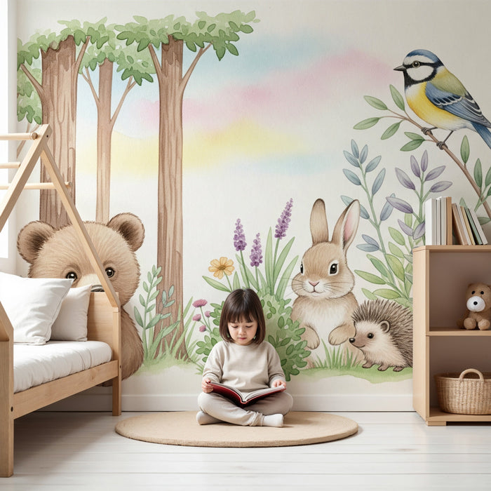 Papier peint chambre enfant | Forêt enchantée avec animaux mignons