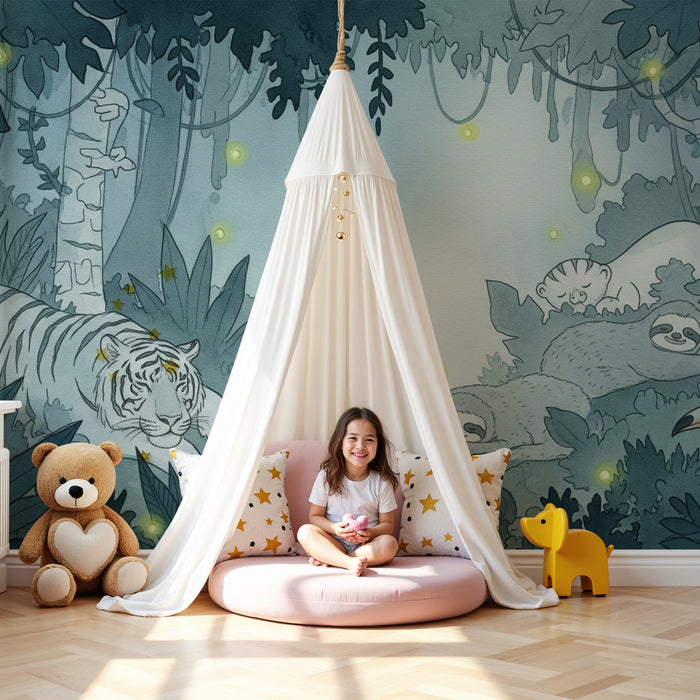 Kinderzimmer Tapete | Verzauberter Wald mit tropischen Tieren