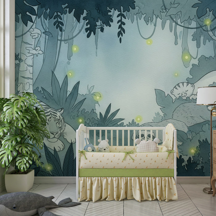 Papel de parede criança | Floresta encantada com animais tropicais