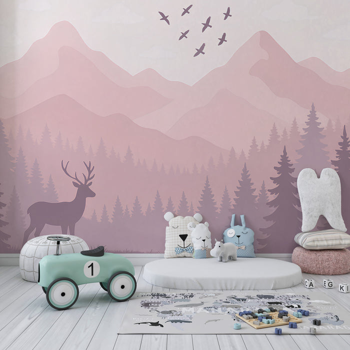 Detská izba tapeta | Zakúzlený les s jelenom a horami