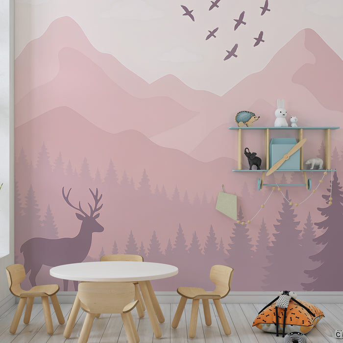 Detská izba tapeta | Zakúzlený les s jelenom a horami