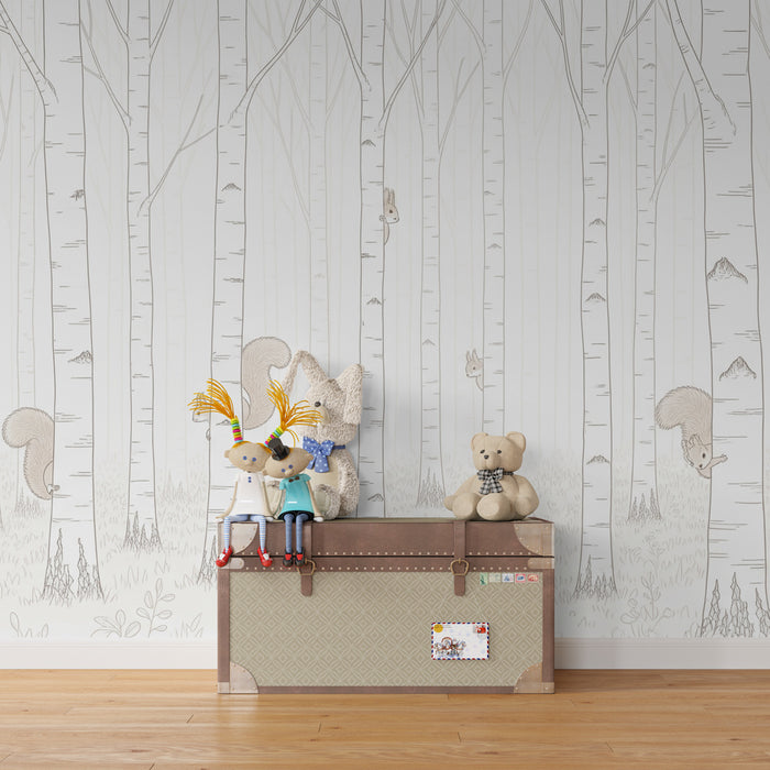 Carta da parati bambini | Foresta incantata con scoiattoli