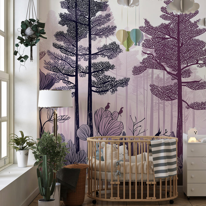 Lastenhuoneen tapetti | Lumottu metsä kukilla ja linnuilla