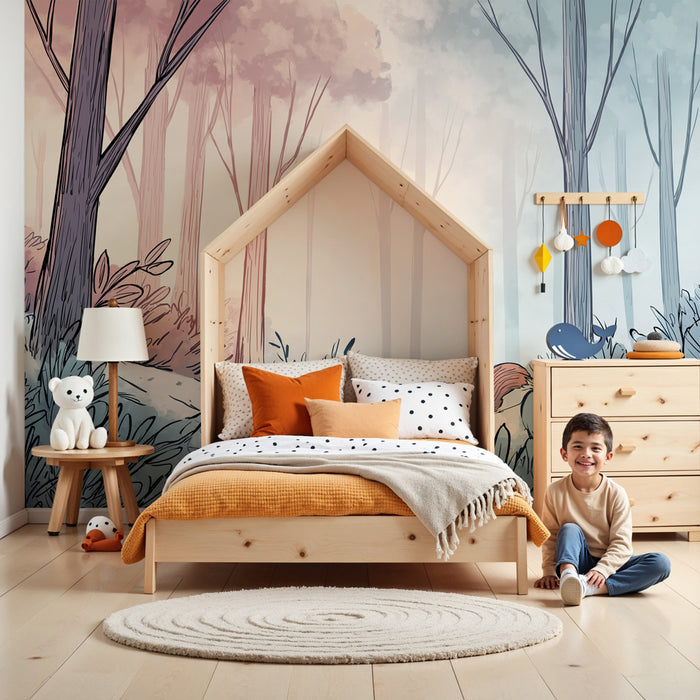 Papier peint chambre enfant | Forêt enchantée avec un écureuil curieux