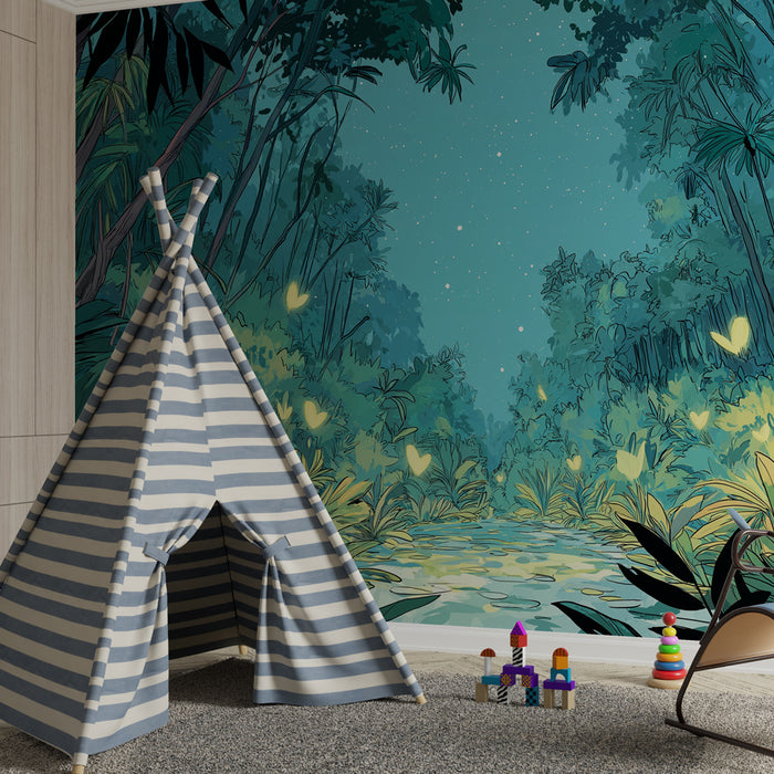Kinderzimmer Tapete | Verzauberter Wald beleuchtet von Glühwürmchen