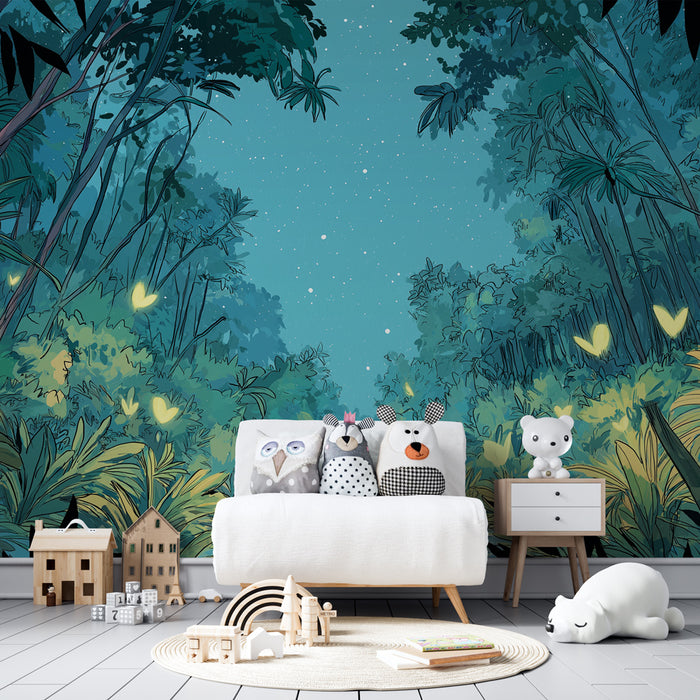 Kinderzimmer Tapete | Verzauberter Wald beleuchtet von Glühwürmchen