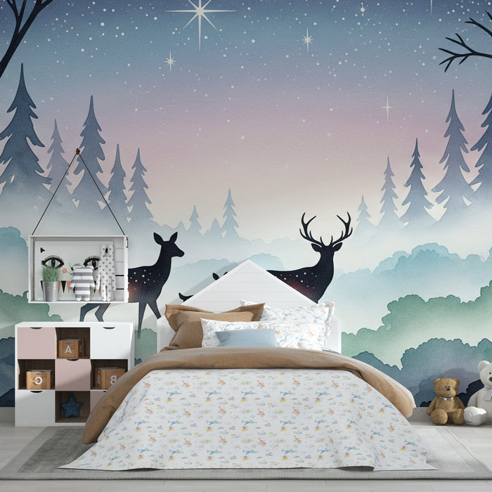 Papier peint chambre enfant | Forêt étoilée avec cerfs