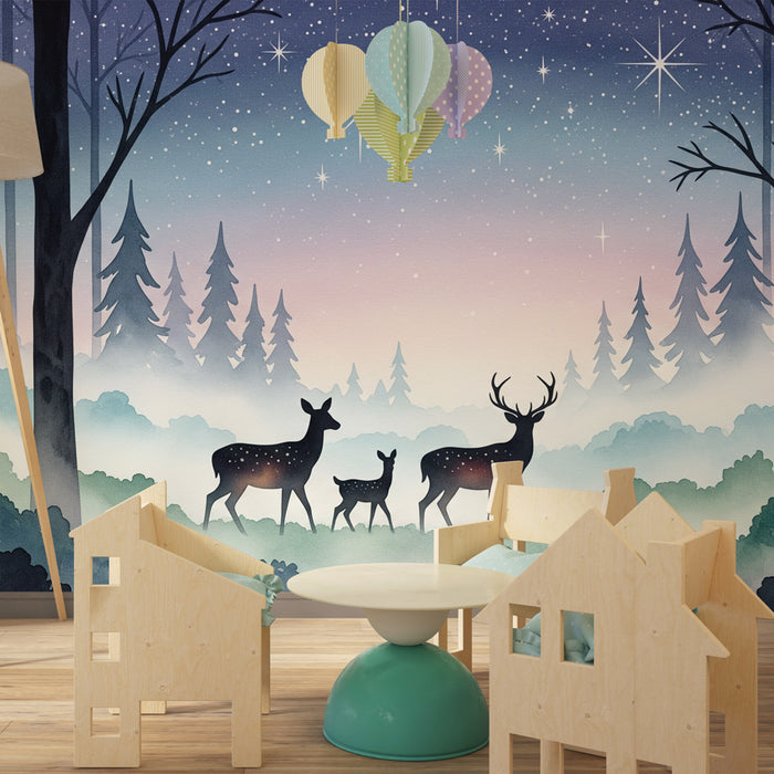 Papier peint chambre enfant | Forêt étoilée avec cerfs