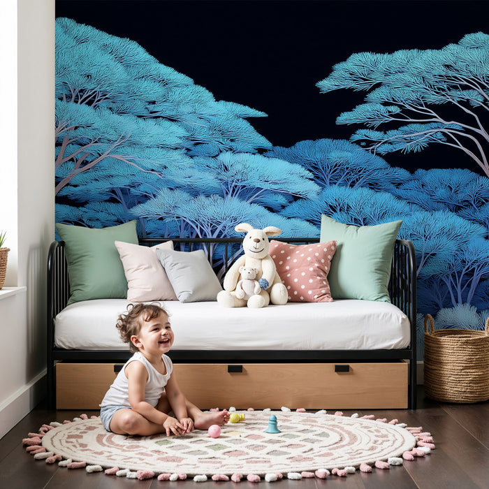 Papier peint chambre enfant | Forêt magique bleue sous un ciel nocturne