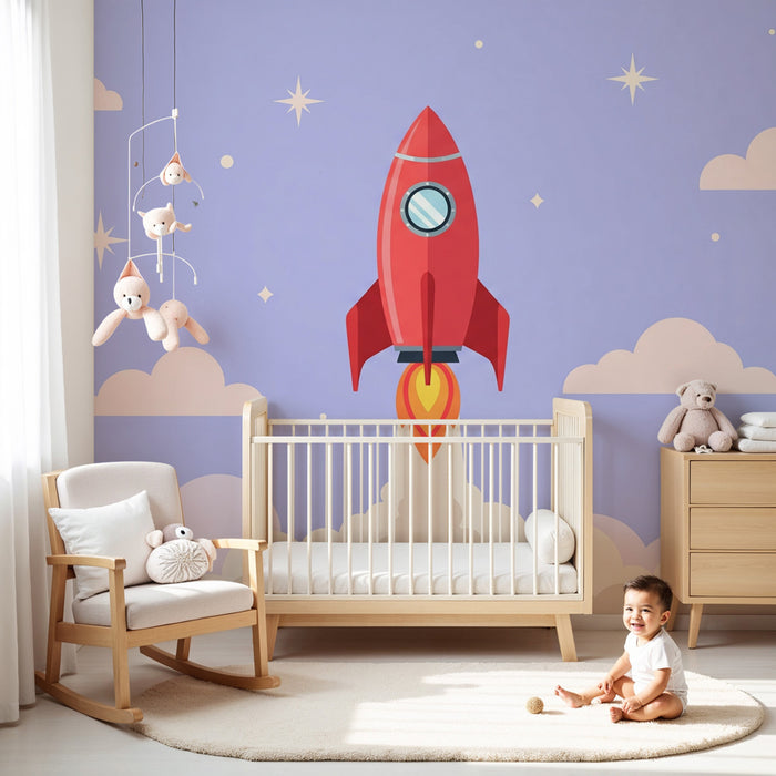 Kids room wallpaper | Colorful rocket in starry clouds